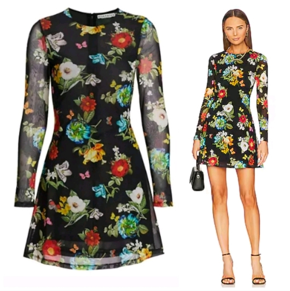 Alice + Olivia Delora FLARE  Floral Long Sleeve Mini Dress SIZE 0 Nwt